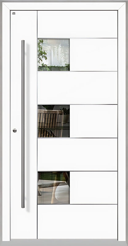 Außenansicht einer Holz Aluminium Haustüre Modell HA5 mit Lichtausschnitt und Edelstahlapplikation in Verkehrsweiß Dreh Links