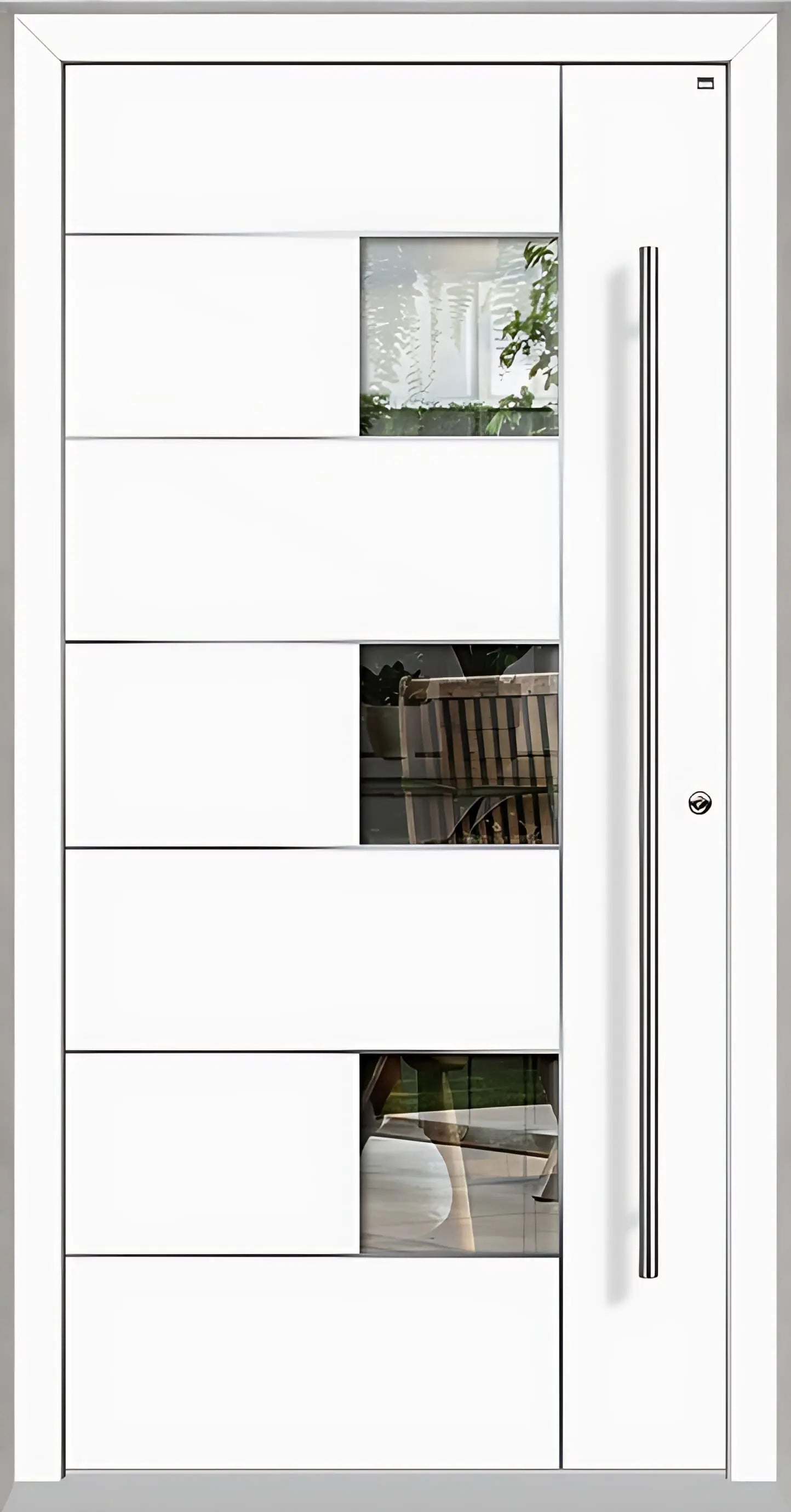 Außenansicht einer Holz Aluminium Haustüre Modell HA5 mit Lichtausschnitt und Edelstahlapplikation in Verkehrsweiß Dreh Rechts