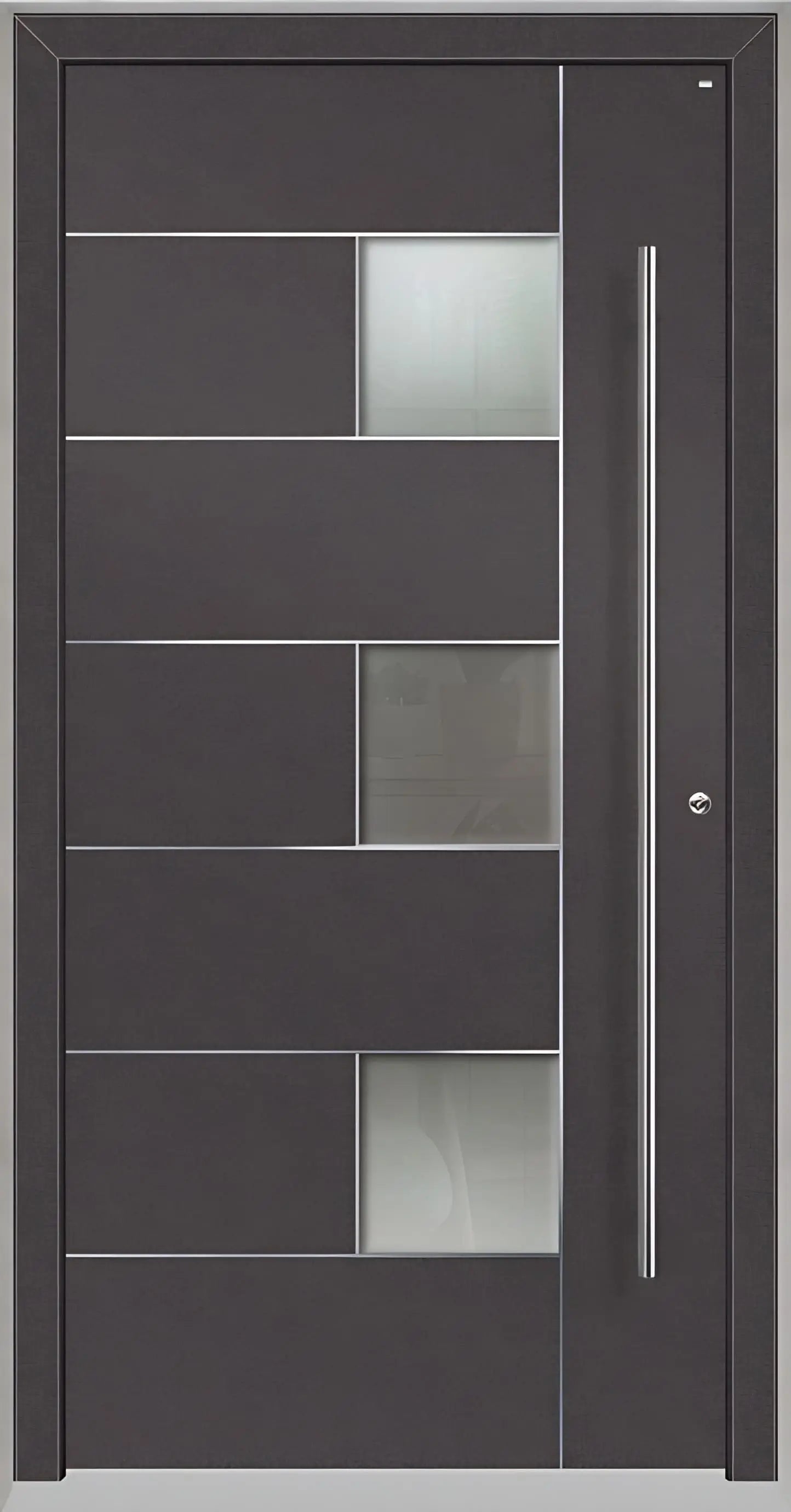 Außenansicht einer Holz Aluminium Haustüre Modell HA5 mit Lichtausschnitt und Edelstahlapplikation in DB703 Dreh Rechts