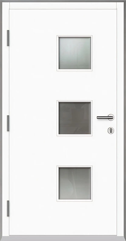 Innenansicht einer Holz Aluminium Haustüre Modell HA5 mit Lichtausschnitt und Edelstahlapplikation in weiss Dreh Links