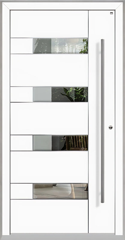 Außenansicht Holz Aluminium Haustüre Modell HA6 mit vier Lichtausschnitten und Edelstahlapplikation in Verkehrsweiß Dreh Rechts