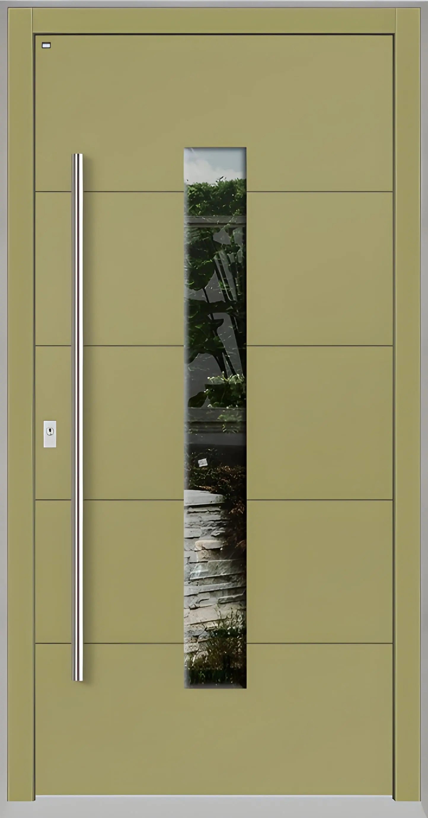 Holzhausür Modell H4 mit mittigem Lichtausschnitt und vier Nuten in Graubeige Dreh Links