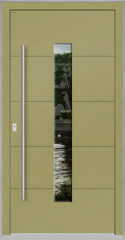 Holzhausür Modell H4 mit mittigem Lichtausschnitt und vier Nuten in Graubeige Dreh Links