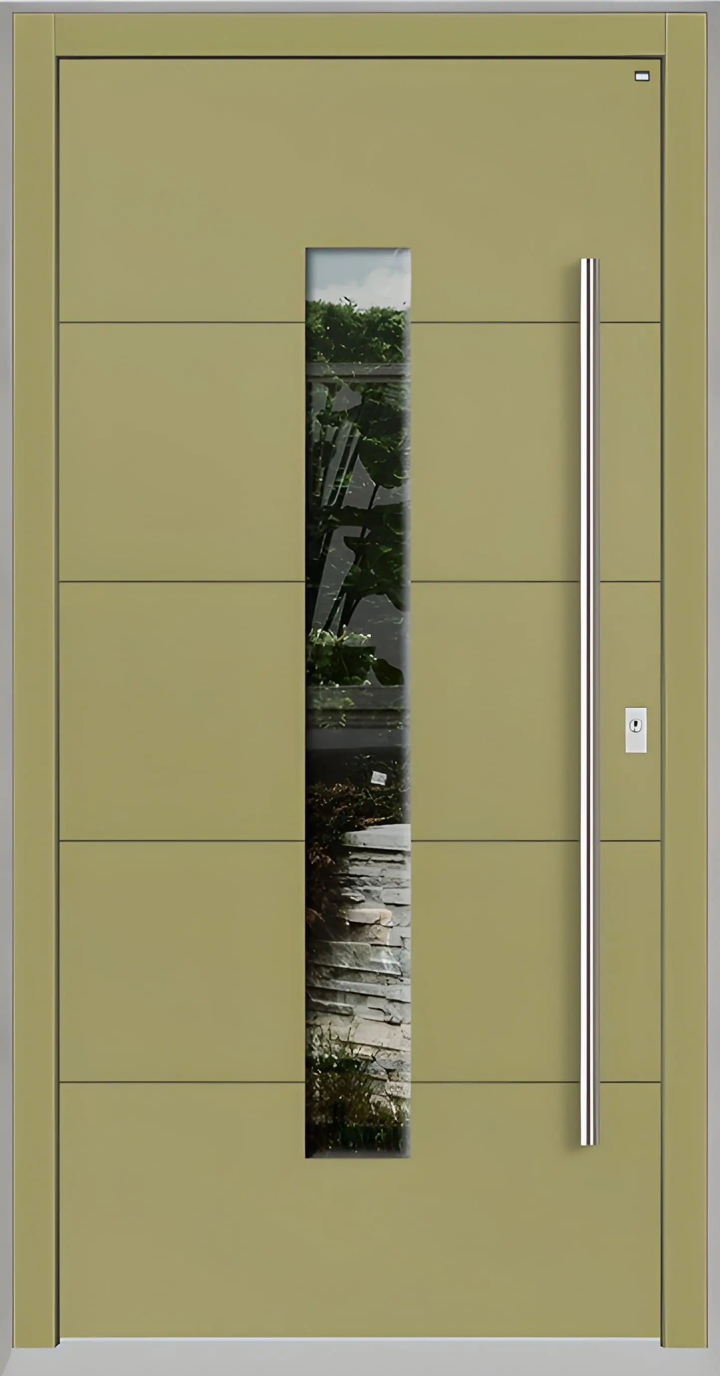 Holzhausür Modell H4 mit mittigem Lichtausschnitt und vier Nuten in Graubeige Dreh Rechts