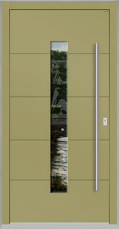 Holzhausür Modell H4 mit mittigem Lichtausschnitt und vier Nuten in Graubeige Dreh Rechts