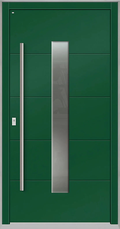 Holzhausür Modell H4 mit mittigem Lichtausschnitt und vier Nuten in Moosgrün Dreh Links