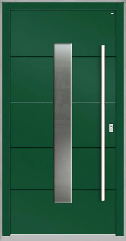 Holzhausür Modell H4 mit mittigem Lichtausschnitt und vier Nuten in Moosgrün Dreh Rechts