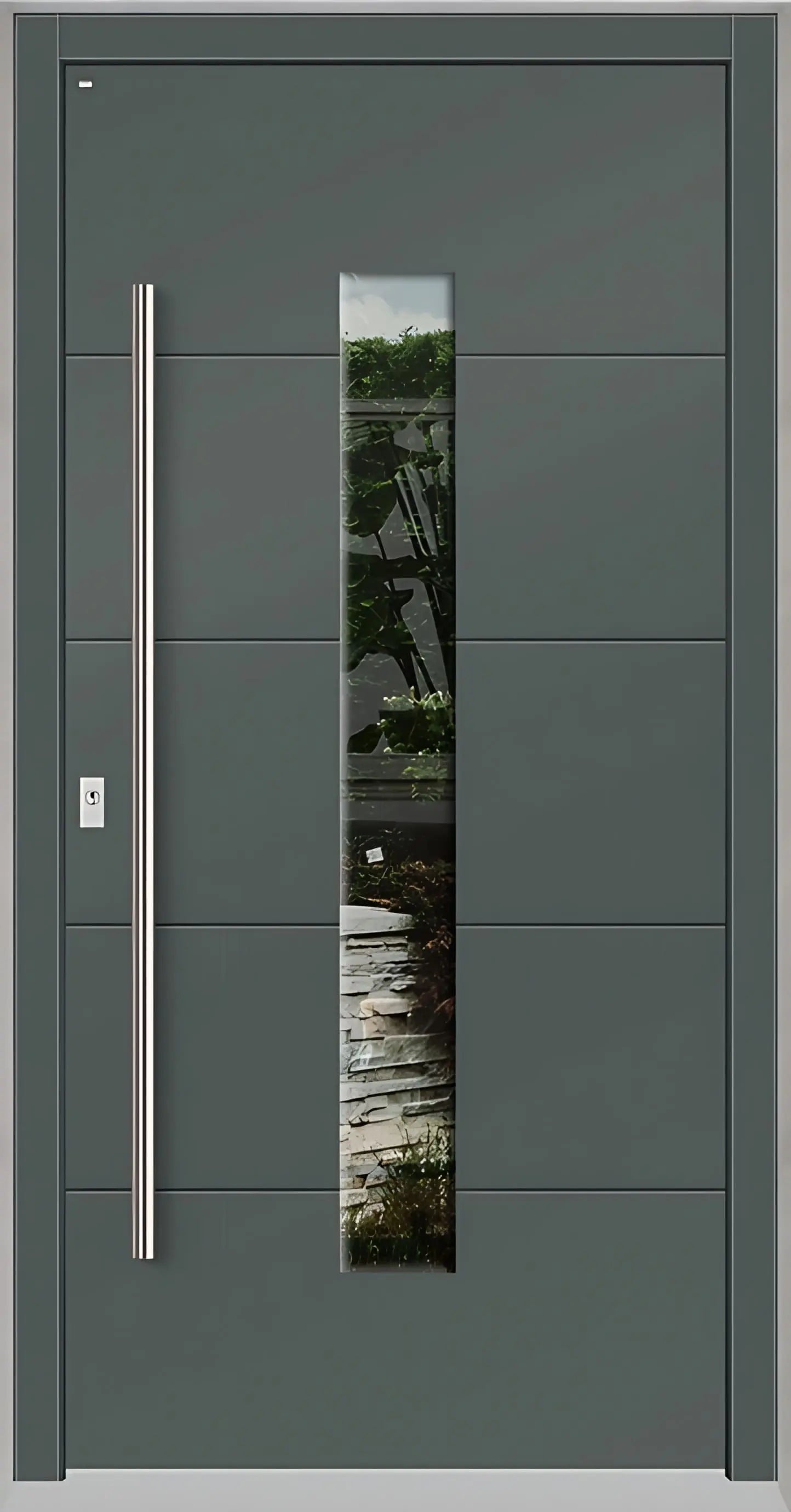 Holzhausür Modell H4 mit mittigem Lichtausschnitt und vier Nuten in Basaltgrau Dreh Links