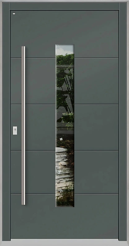 Holzhausür Modell H4 mit mittigem Lichtausschnitt und vier Nuten in Basaltgrau Dreh Links