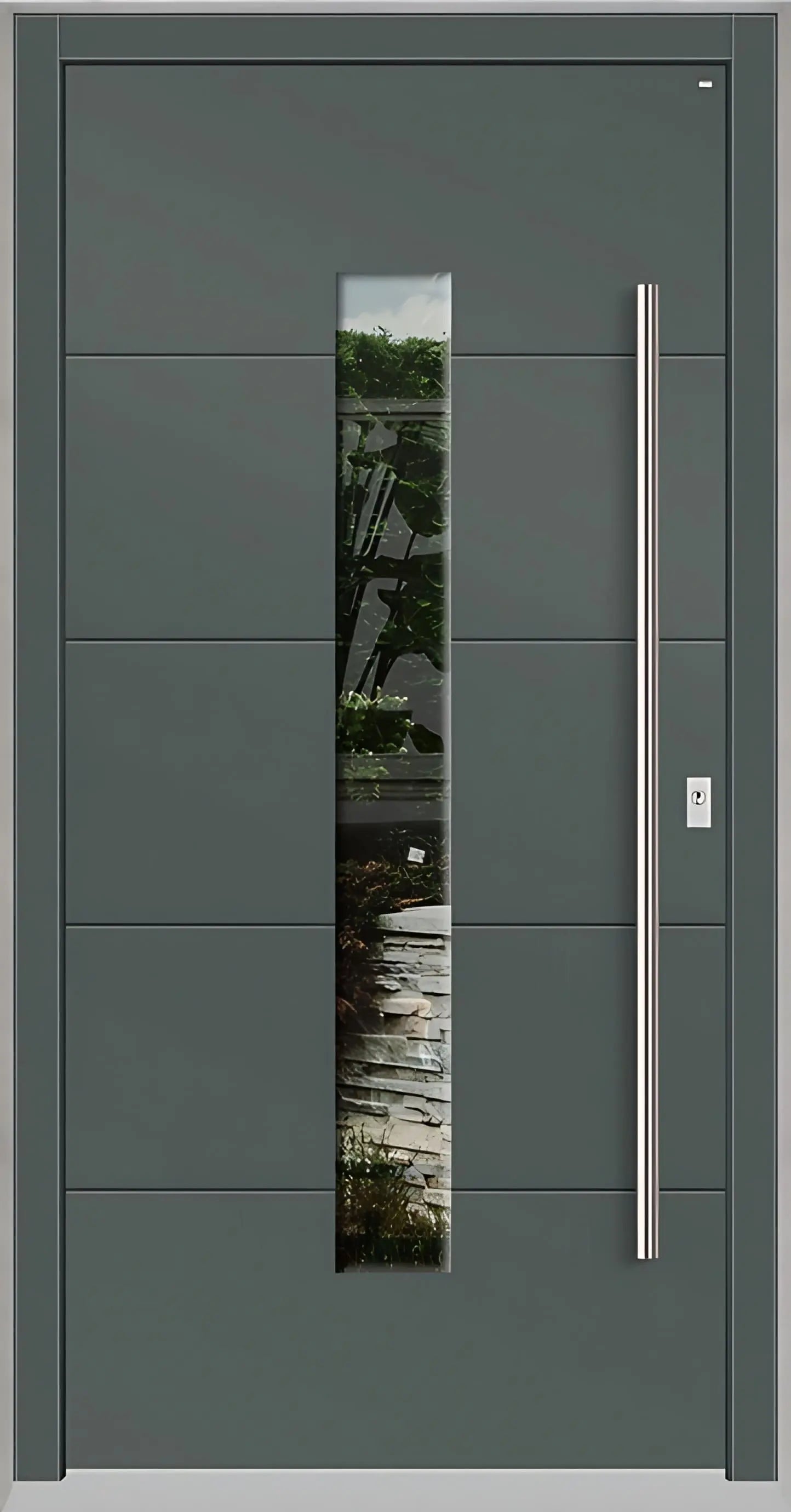 Holzhausür Modell H4 mit mittigem Lichtausschnitt und vier Nuten in Basaltgrau Dreh Rechts