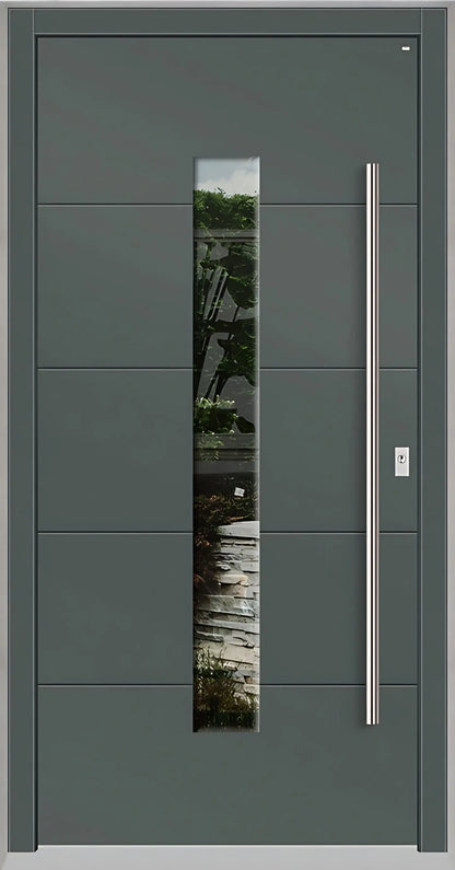 Holzhausür Modell H4 mit mittigem Lichtausschnitt und vier Nuten in Basaltgrau Dreh Rechts