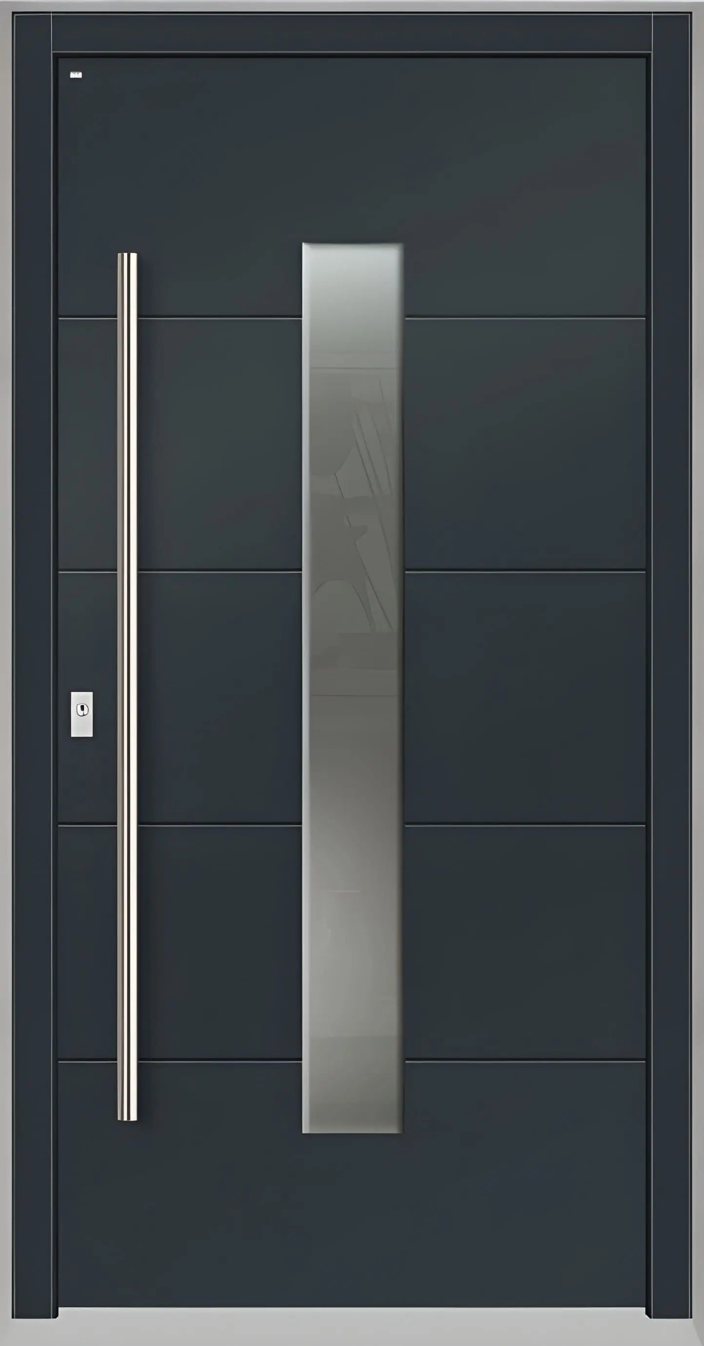 Holzhausür Modell H4 mit mittigem Lichtausschnitt und vier Nuten in Anthrazitgrau Dreh Links