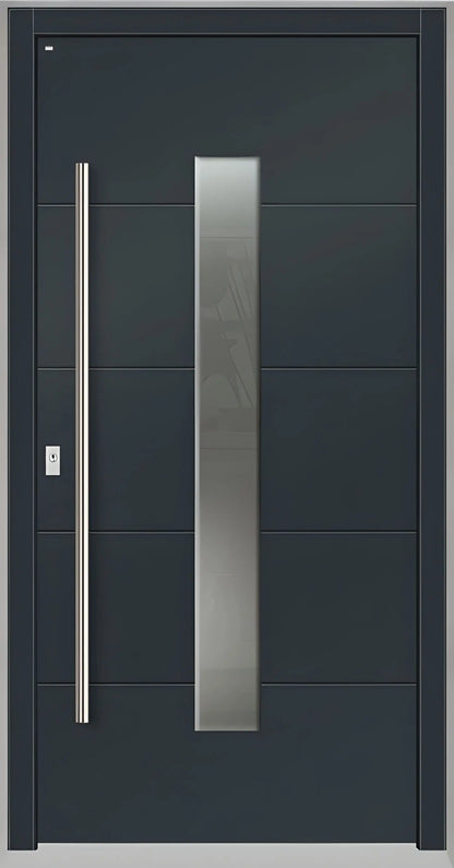 Holzhausür Modell H4 mit mittigem Lichtausschnitt und vier Nuten in Anthrazitgrau Dreh Links