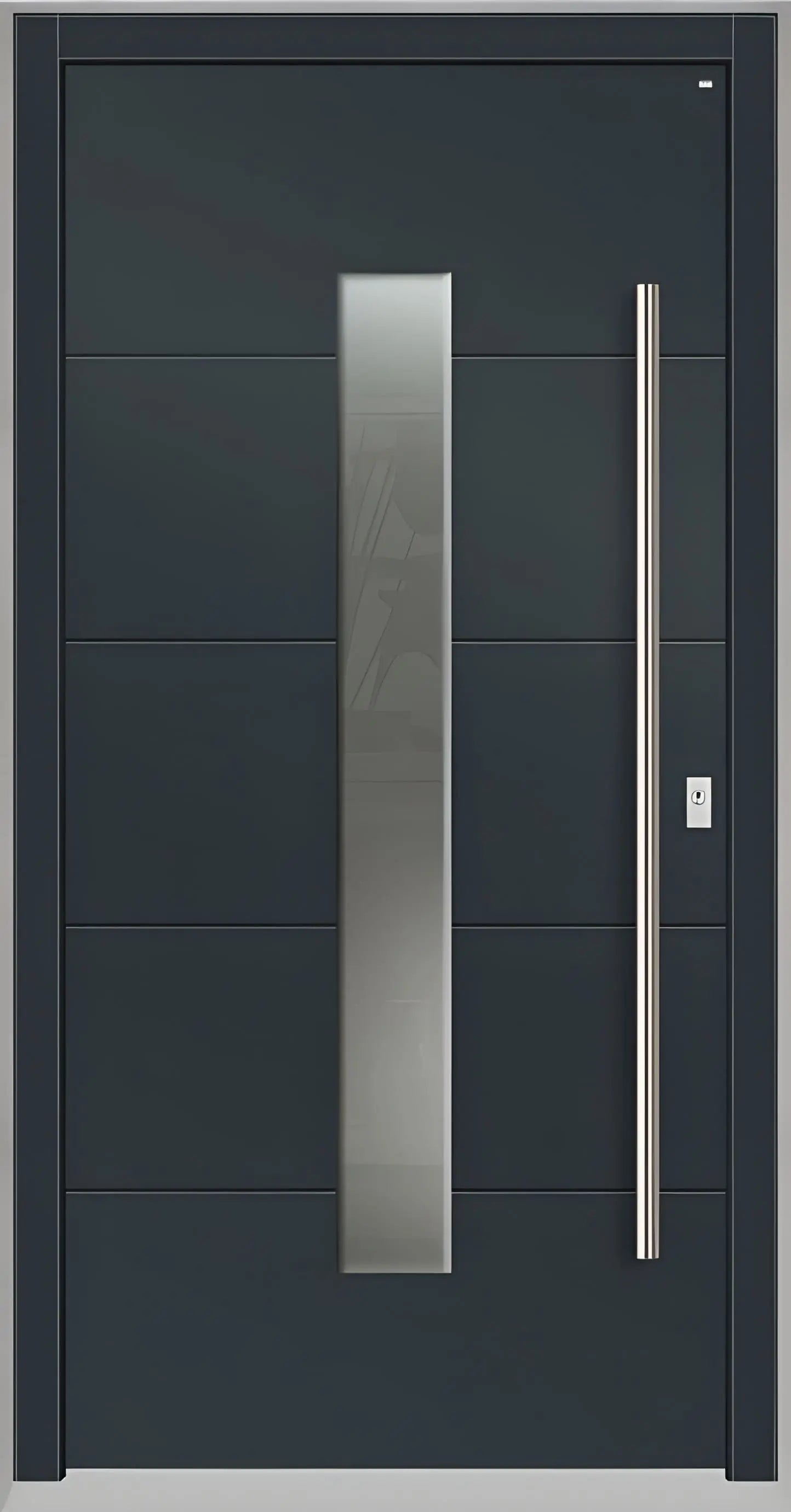 Holzhausür Modell H4 mit mittigem Lichtausschnitt und vier Nuten in Anthrazitgrau Dreh Rechts