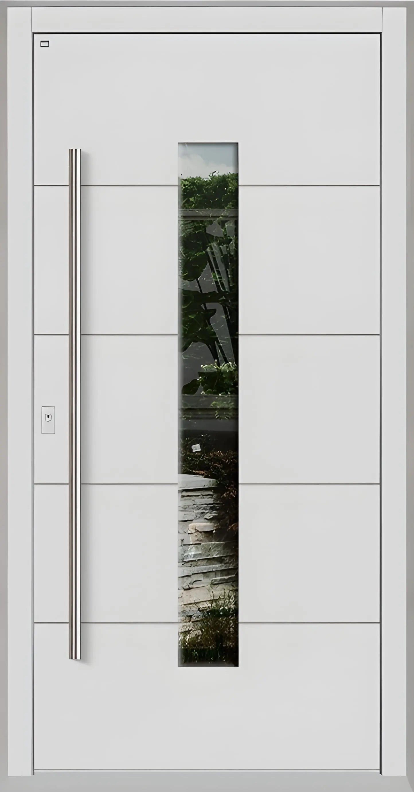 Holzhausür Modell H4 mit mittigem Lichtausschnitt und vier Nuten in Lichtgrau Dreh Links