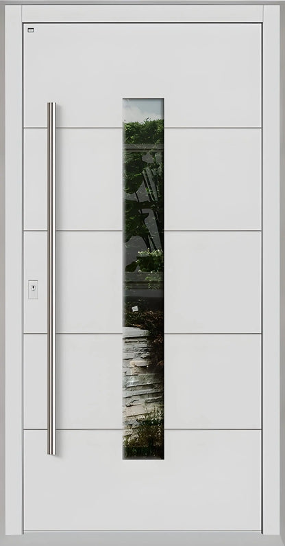 Holzhausür Modell H4 mit mittigem Lichtausschnitt und vier Nuten in Lichtgrau Dreh Links