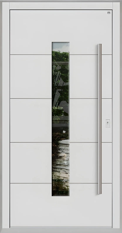 Holzhausür Modell H4 mit mittigem Lichtausschnitt und vier Nuten in Lichtgrau Dreh Rechts