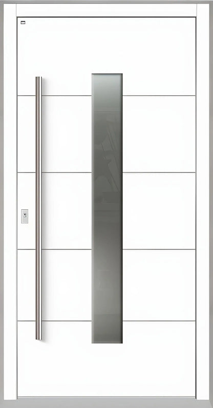 Holzhausür Modell H4 mit mittigem Lichtausschnitt und vier Nuten in Verkehrsweiß Dreh Links