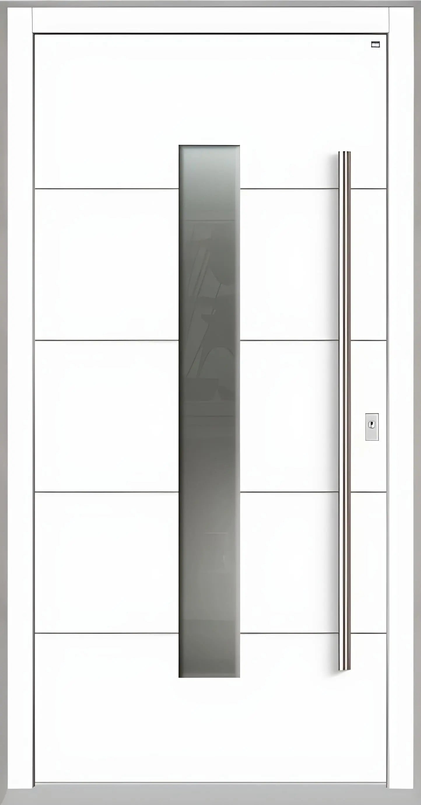 Holzhausür Modell H4 mit mittigem Lichtausschnitt und vier Nuten in Verkehrsweiß Dreh Rechts