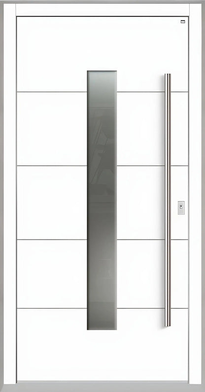 Holzhausür Modell H4 mit mittigem Lichtausschnitt und vier Nuten in Verkehrsweiß Dreh Rechts