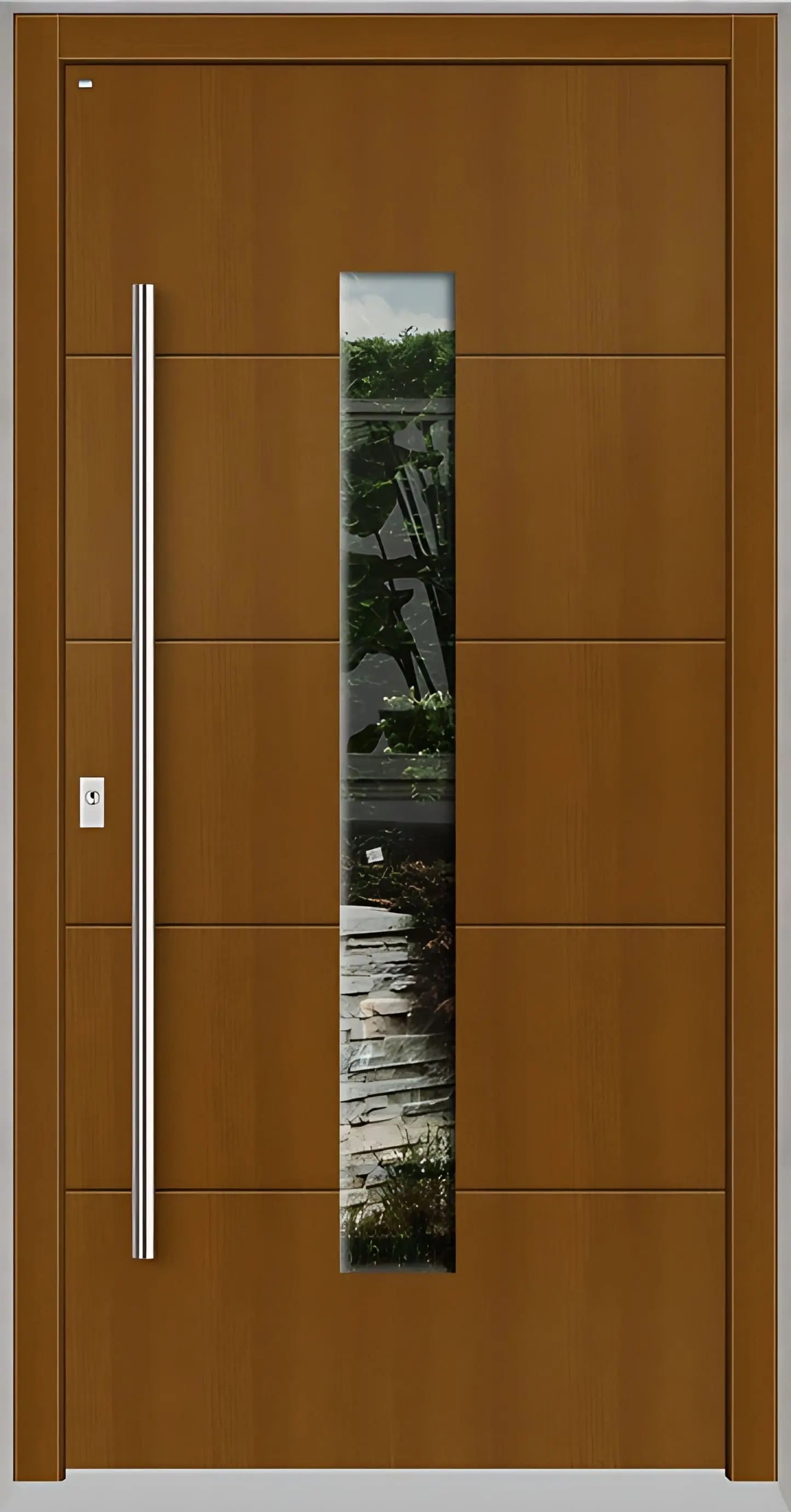 Holzhausür Modell H4 mit mittigem Lichtausschnitt und vier Nuten in Eicheclassic Dreh Links