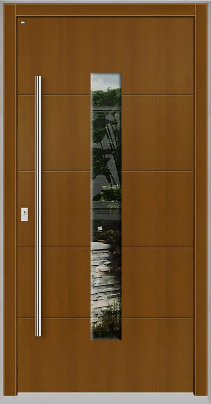 Holzhausür Modell H4 mit mittigem Lichtausschnitt und vier Nuten in Eicheclassic Dreh Links