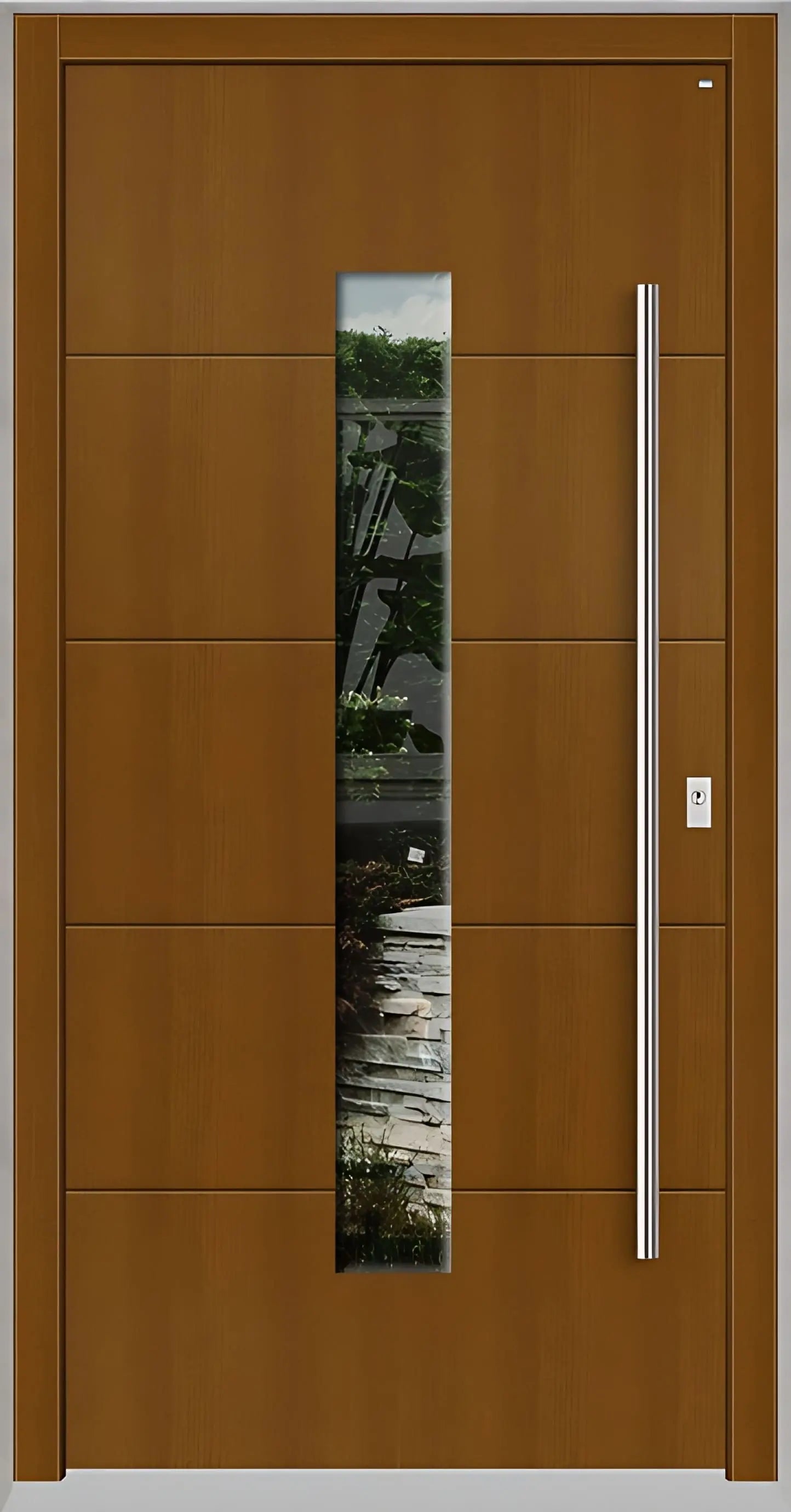 Holzhausür Modell H4 mit mittigem Lichtausschnitt und vier Nuten in Eicheclassic Dreh Rechts