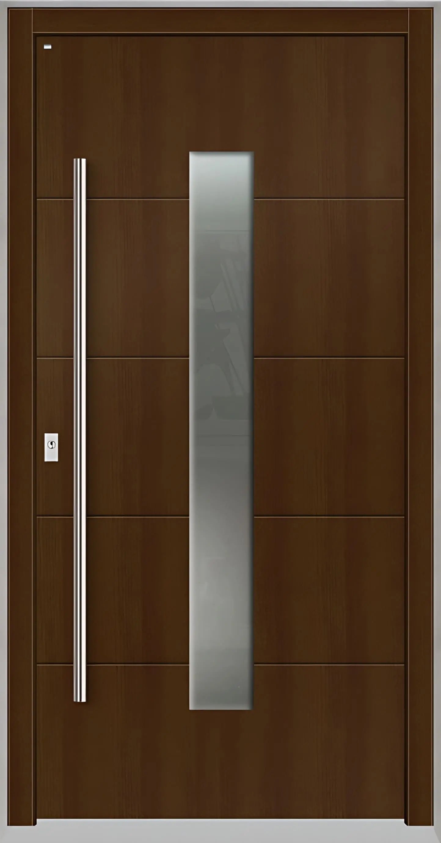 Holzhausür Modell H4 mit mittigem Lichtausschnitt und vier Nuten in Eichedunkel Dreh Links