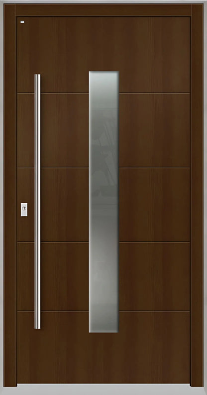 Holzhausür Modell H4 mit mittigem Lichtausschnitt und vier Nuten in Eichedunkel Dreh Links