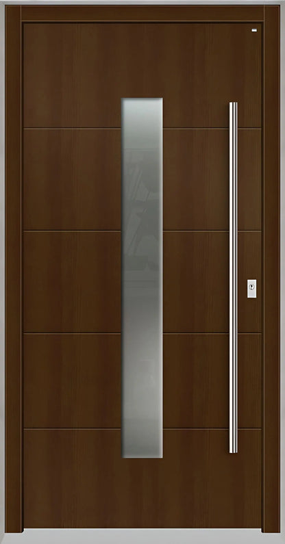 Holzhausür Modell H4 mit mittigem Lichtausschnitt und vier Nuten in Eichedunkel Dreh Rechts