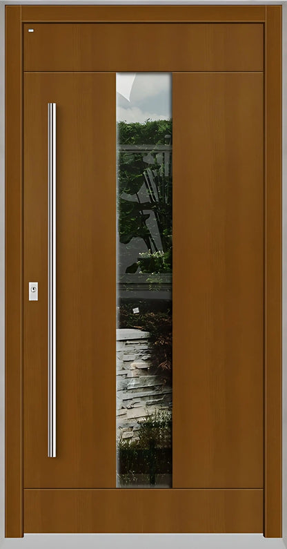 Holz Haustür mit mittlerem Lichtausschnitt und Nuten in Eicheclassic als Dreh Links