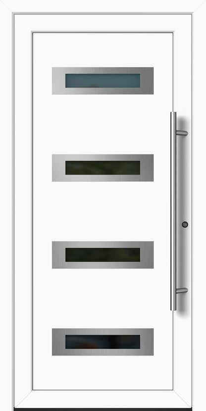 Weiße Kunststoff Haustür mit 4 vertikal ausgerichteten Lichtausschnitten und Edelstahl Applikation Dreh Rechts