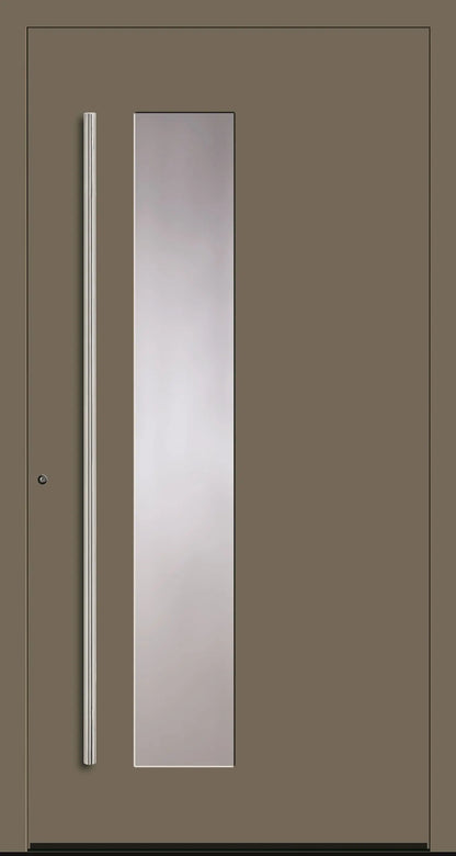Aluminiumhaustür Schüco mit zum Griff versetzten Lichtausschnitt in Olivgrau Dreh Links
