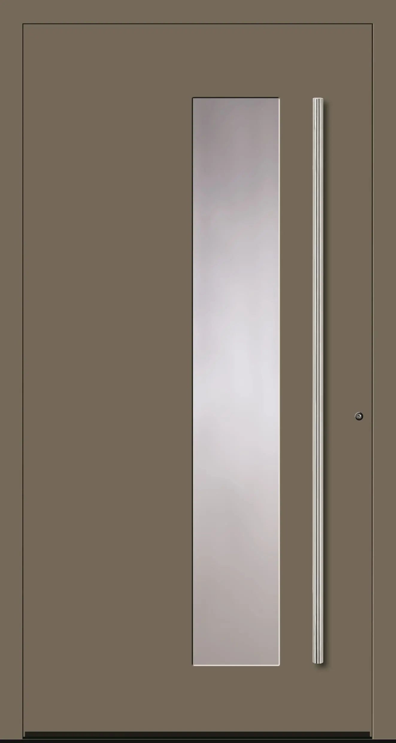 Aluminiumhaustür Schüco mit zum Griff versetzten Lichtausschnitt in Olivgrau Dreh Rechts