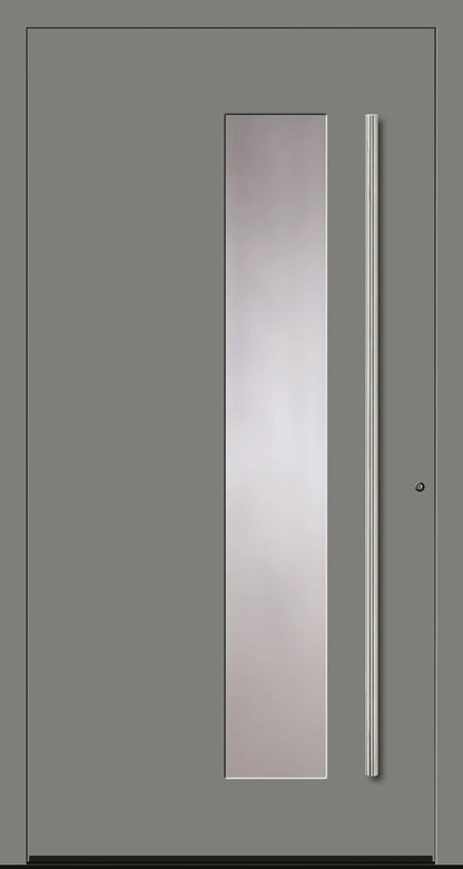 Aluminiumhaustür Schüco mit zum Griff versetzten Lichtausschnitt in Staubgrau Dreh Rechts