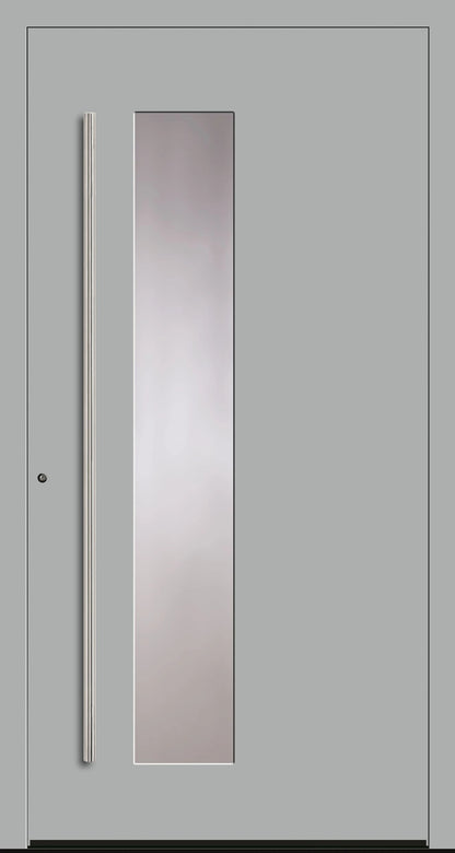 Aluminiumhaustür Schüco mit zum Griff versetzten Lichtausschnitt in Weißaluminium Dreh Links