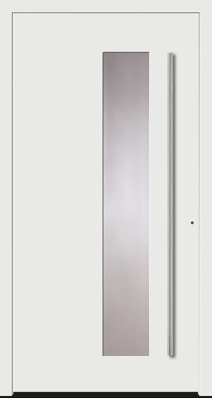 Aluminiumhaustür Schüco mit zum Griff versetzten Lichtausschnitt in Verkehrsweiß Dreh Rechts