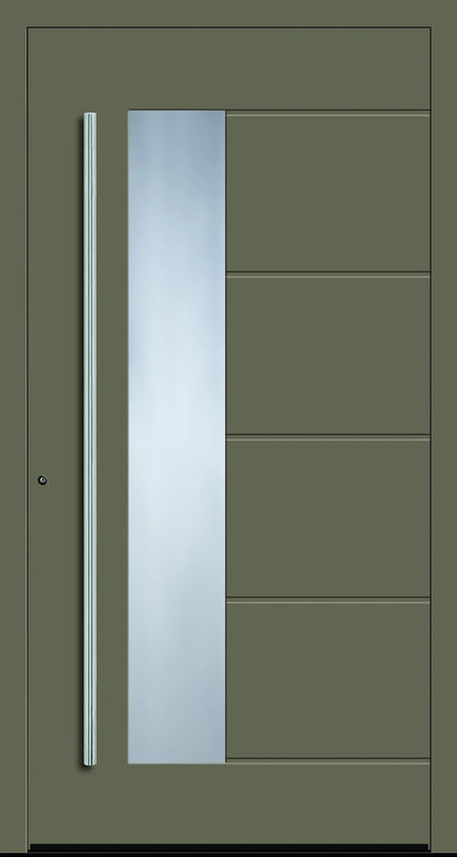 Aluminium Haustür mit seitlich versetzen Glas und fünf eingelassenen Nuten in Olivgrau Dreh Links