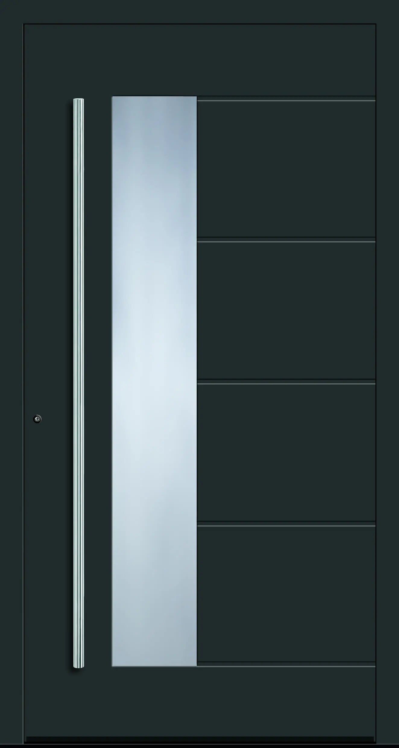 Aluminium Haustür mit seitlich versetzen Glas und fünf eingelassenen Nuten in Anthrazitgrau Dreh Links
