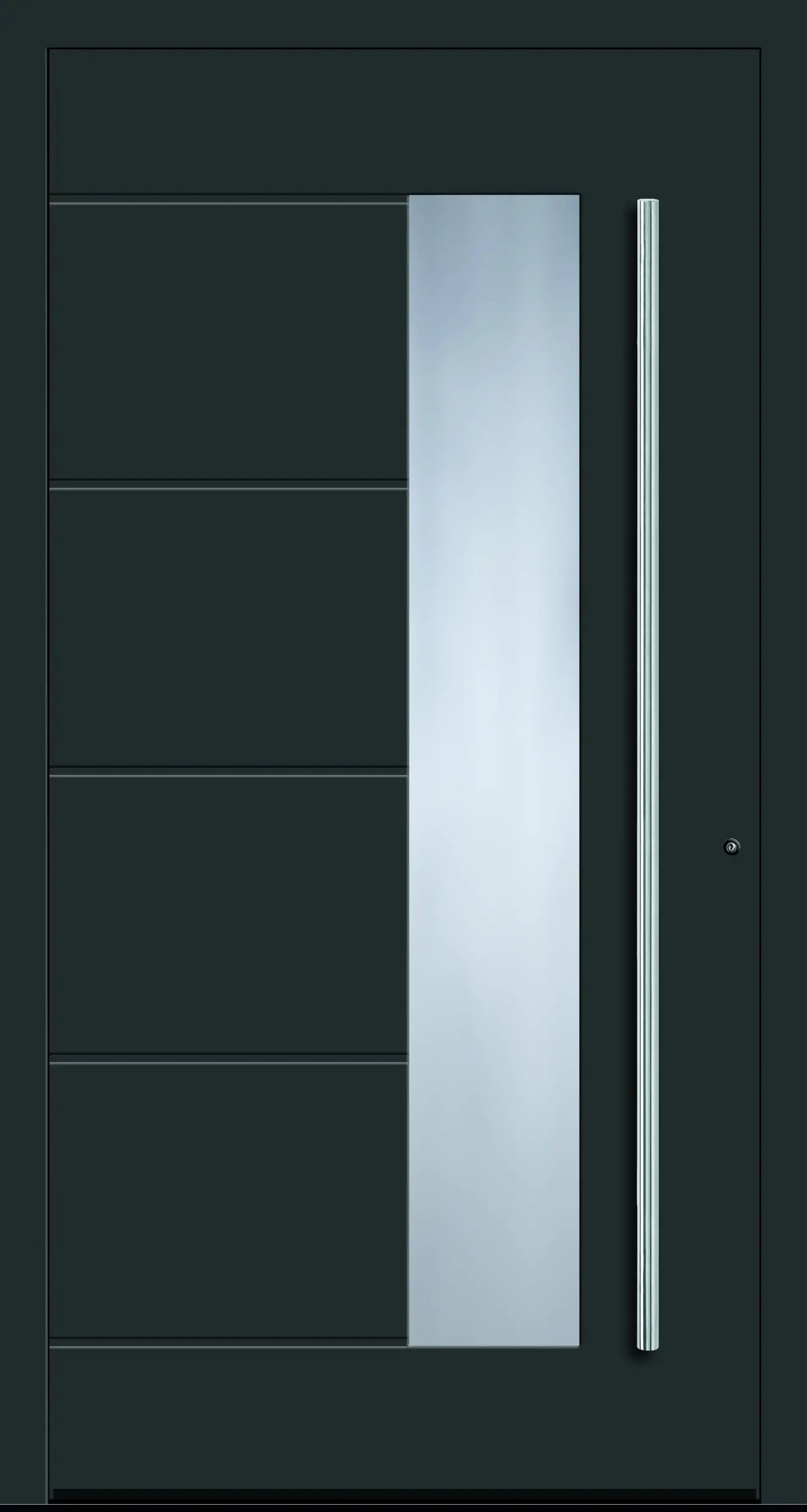 Aluminium Haustür mit seitlich versetzen Glas und fünf eingelassenen Nuten in Anthrazitgrau Dreh Rechts