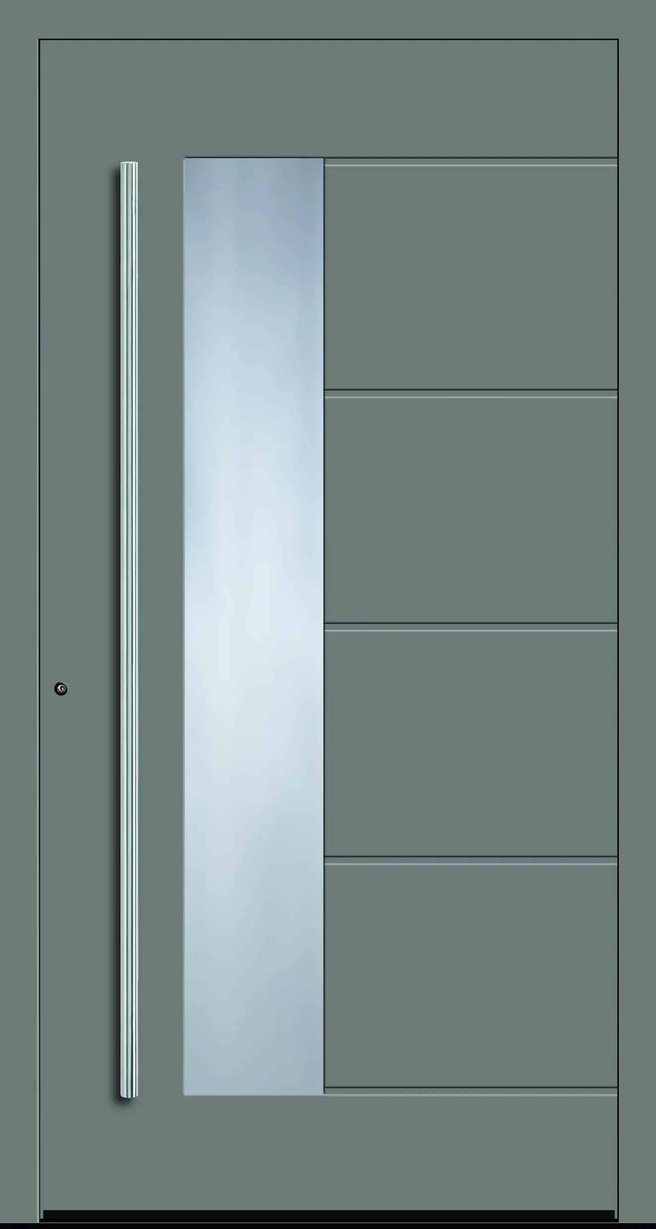 Aluminium Haustür mit seitlich versetzen Glas und fünf eingelassenen Nuten in Staubgrau Dreh Links