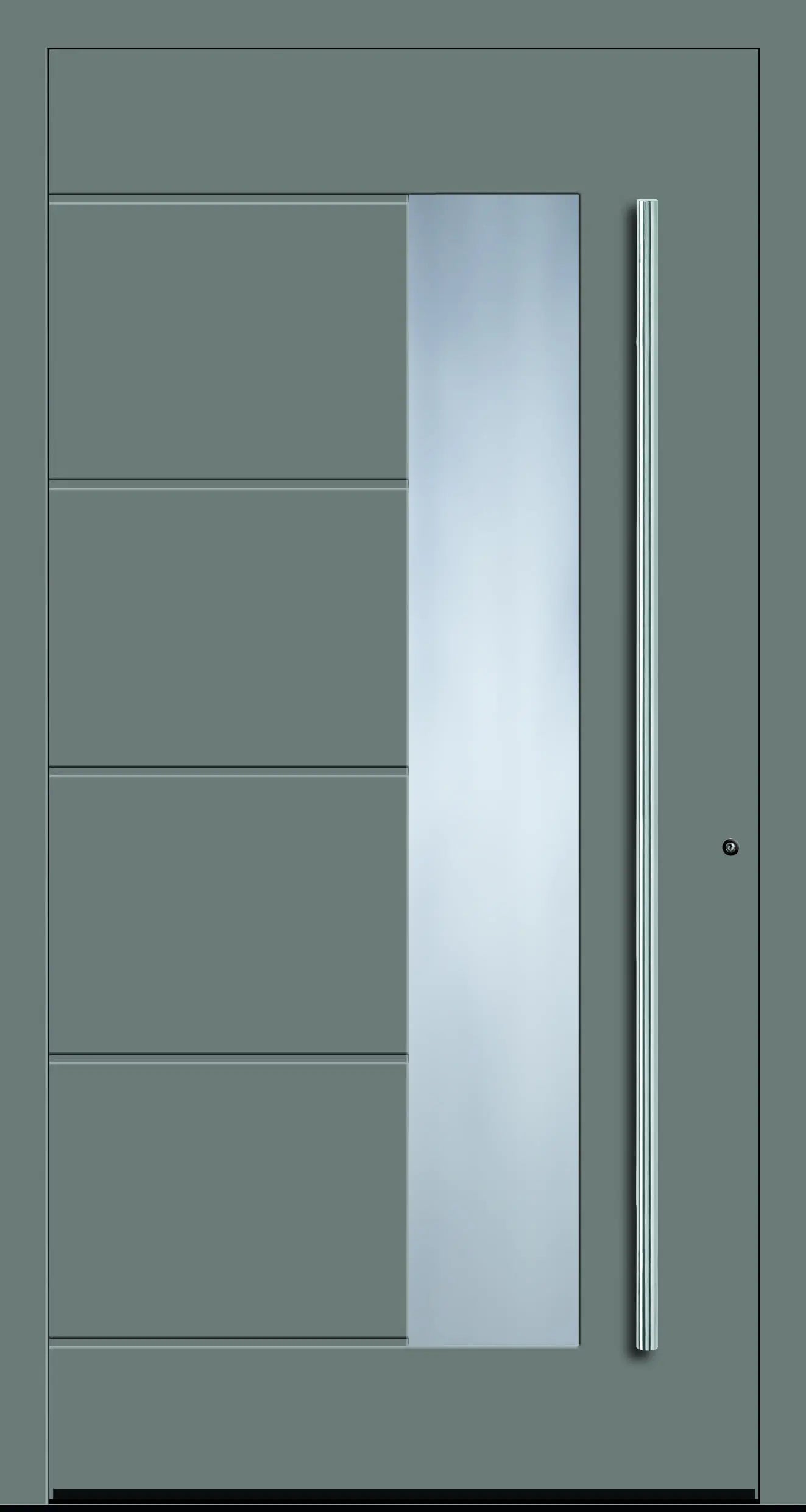 Aluminium Haustür mit seitlich versetzen Glas und fünf eingelassenen Nuten in Staubgrau Dreh Rechts
