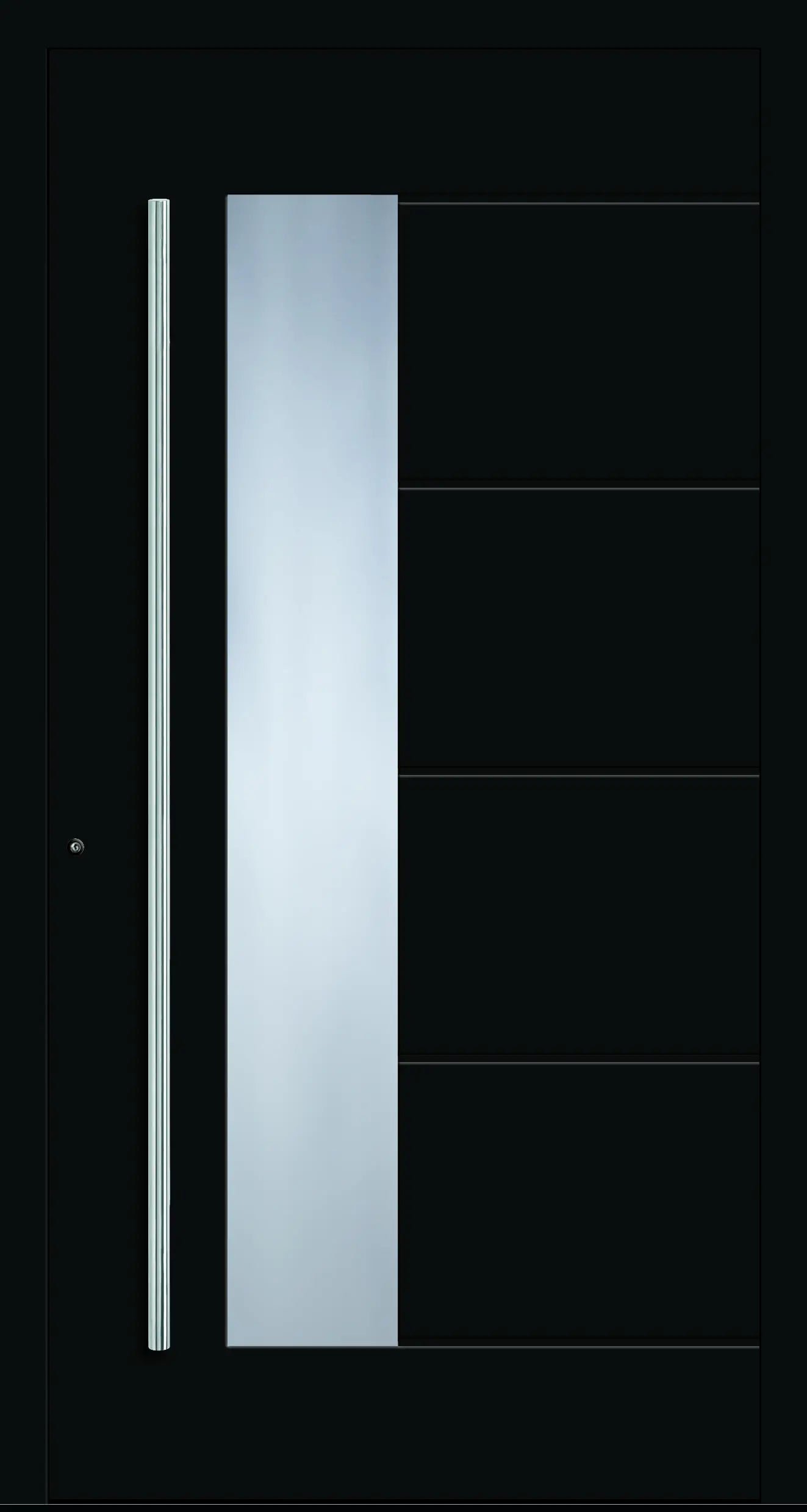 Aluminium Haustür mit seitlich versetzen Glas und fünf eingelassenen Nuten in Tiefschwarz Dreh Links