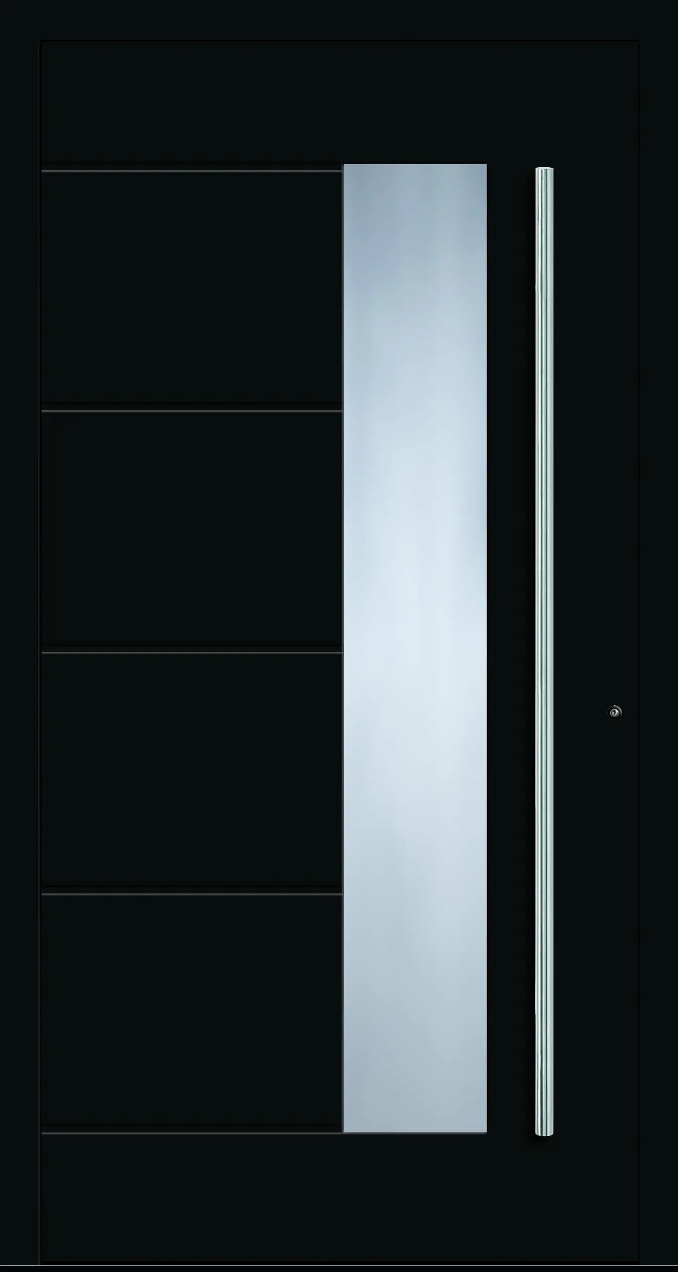 Aluminium Haustür mit seitlich versetzen Glas und fünf eingelassenen Nuten in Tiefschwarz Dreh Rechts