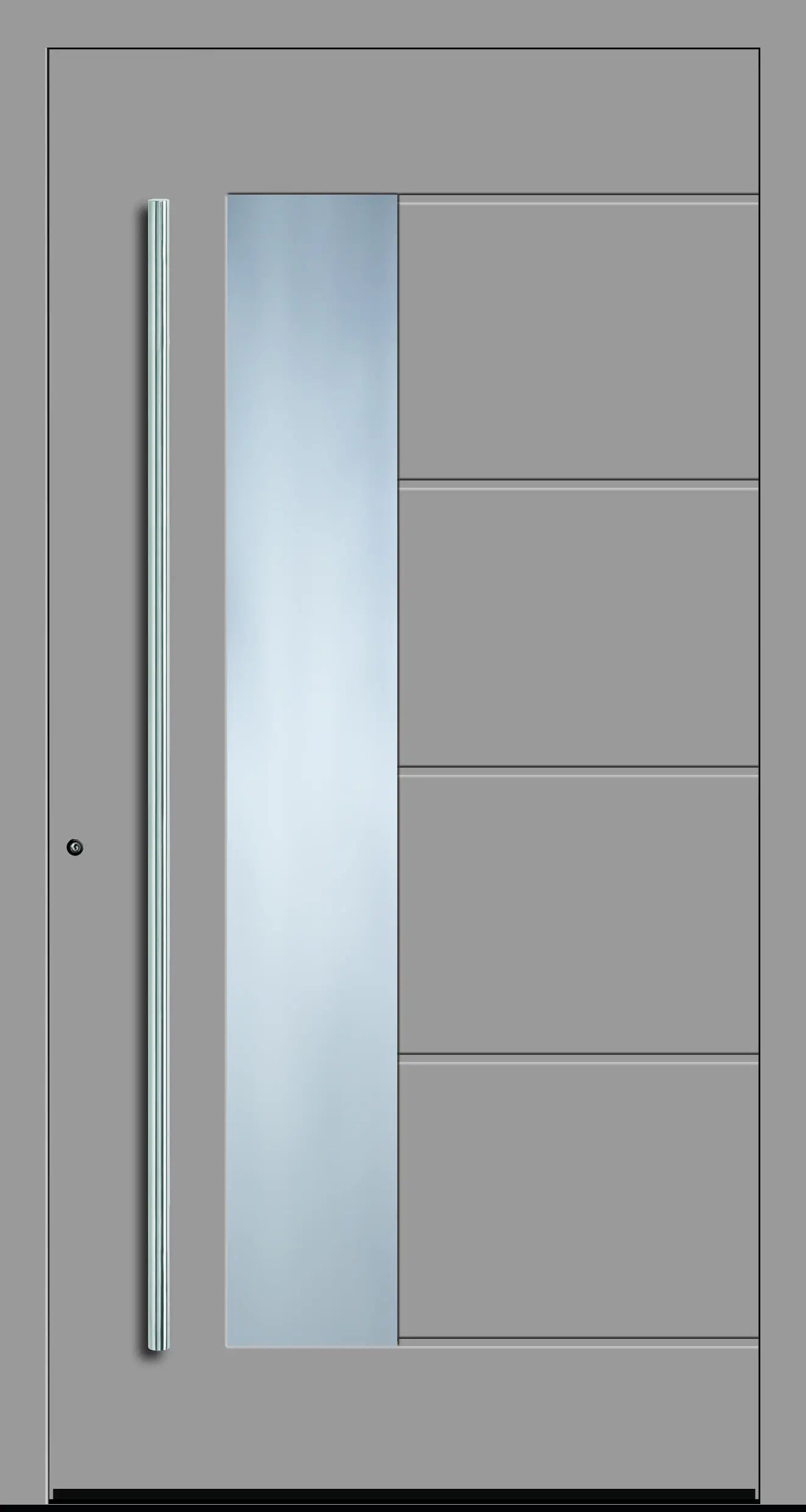 Aluminium Haustür mit seitlich versetzen Glas und fünf eingelassenen Nuten in Weißaluminium Dreh Links