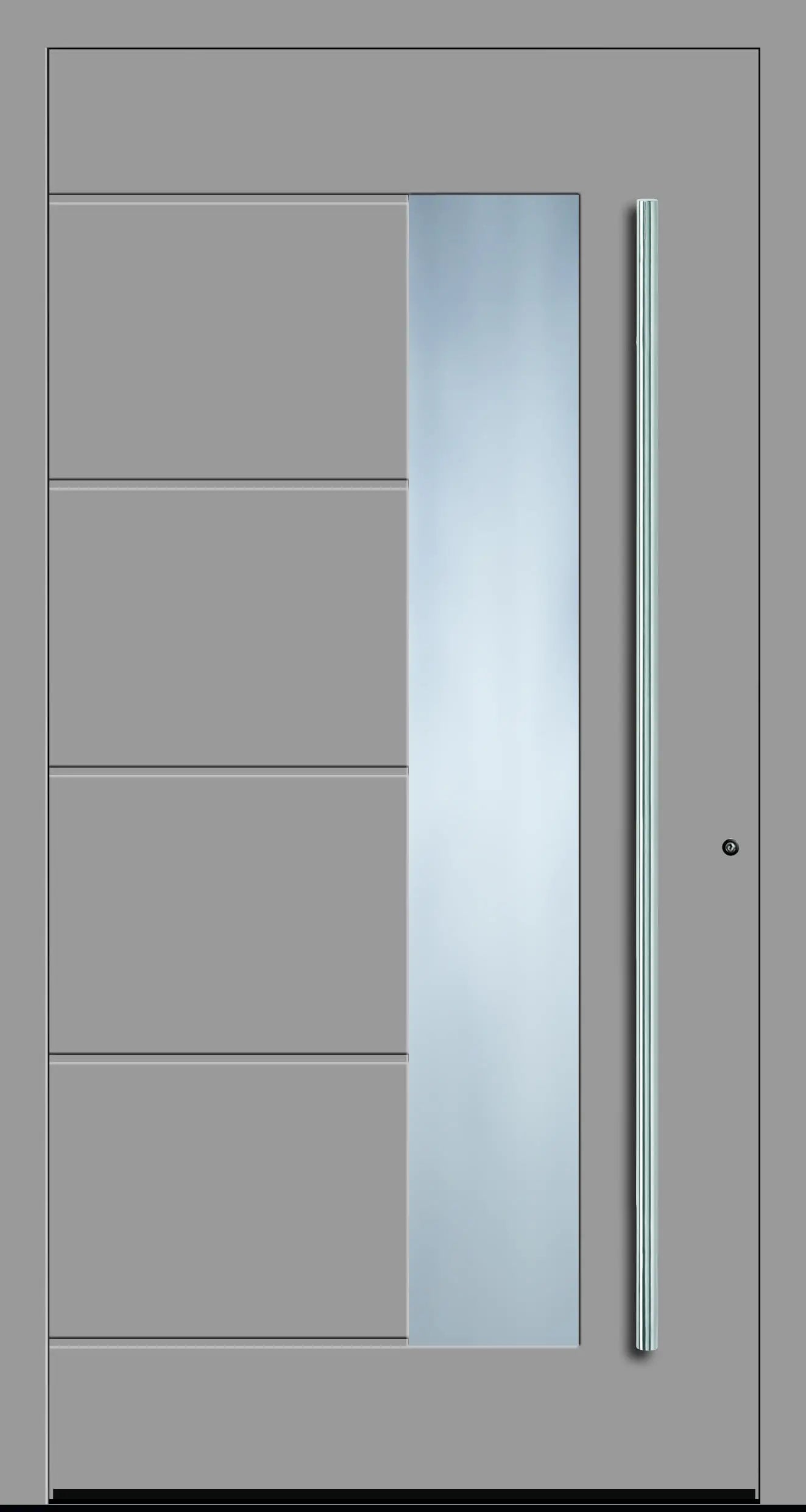 Aluminium Haustür mit seitlich versetzen Glas und fünf eingelassenen Nuten in Weißaluminium Dreh Rechts