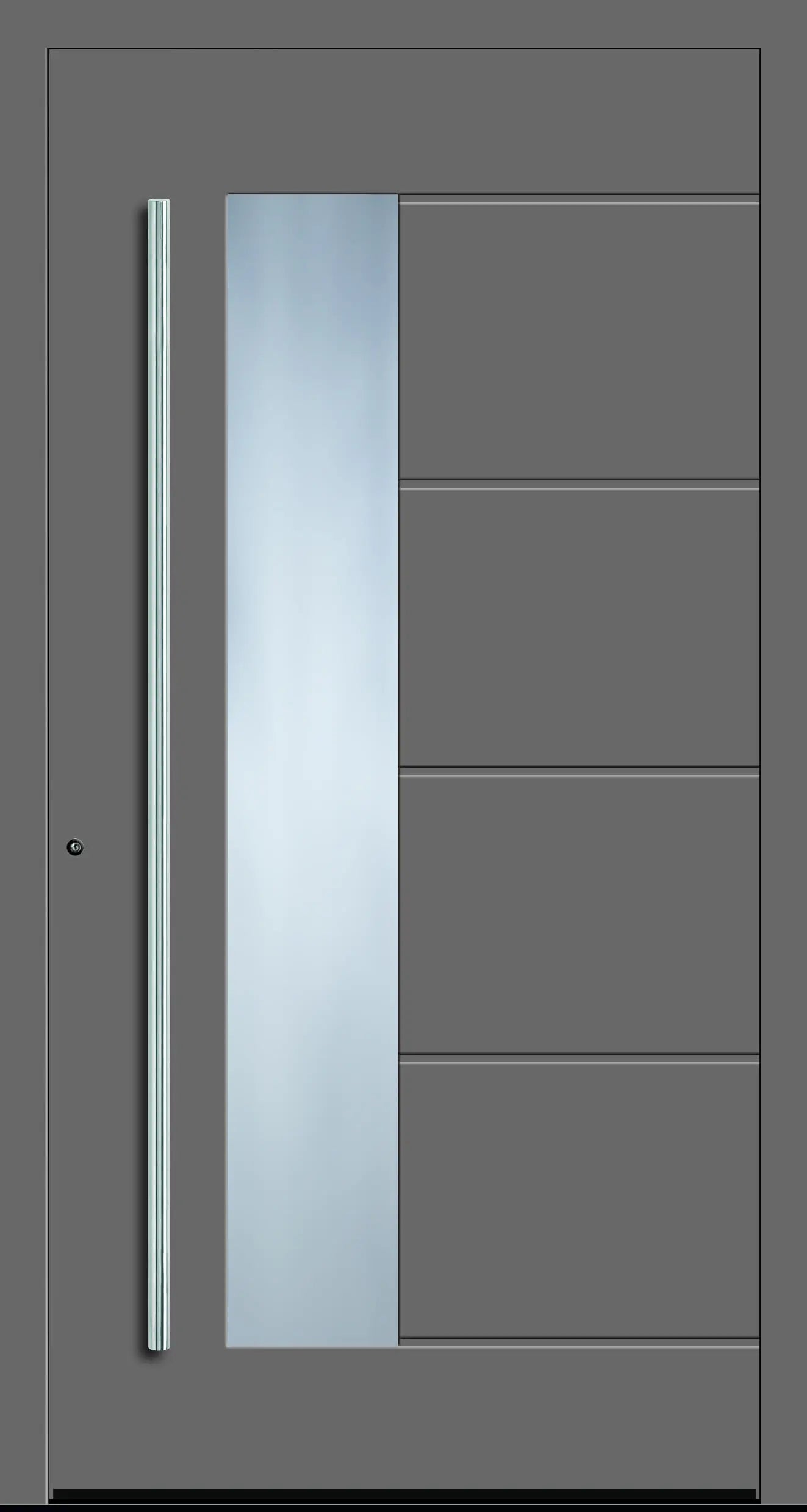 Aluminium Haustür mit seitlich versetzen Glas und fünf eingelassenen Nuten in Graualuminium Dreh Links