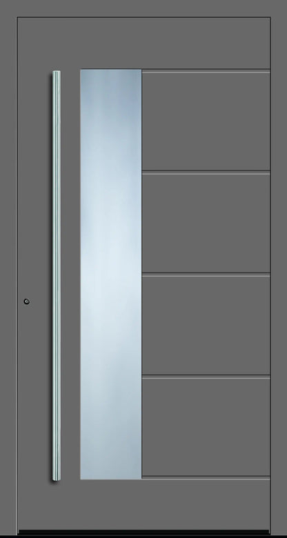Aluminium Haustür mit seitlich versetzen Glas und fünf eingelassenen Nuten in Graualuminium Dreh Links