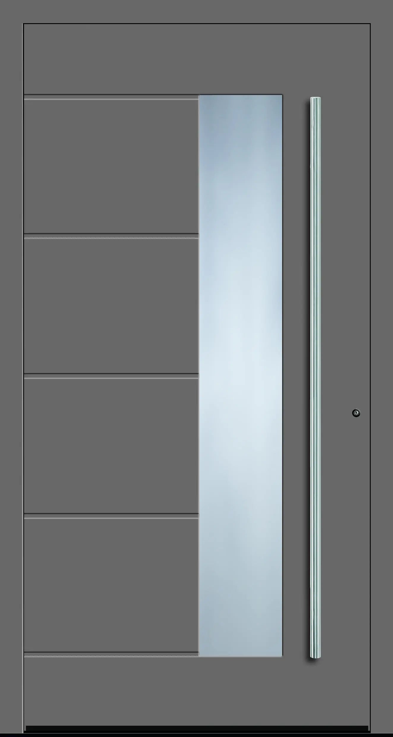 Aluminium Haustür mit seitlich versetzen Glas und fünf eingelassenen Nuten in Graualuminium Dreh Rechts