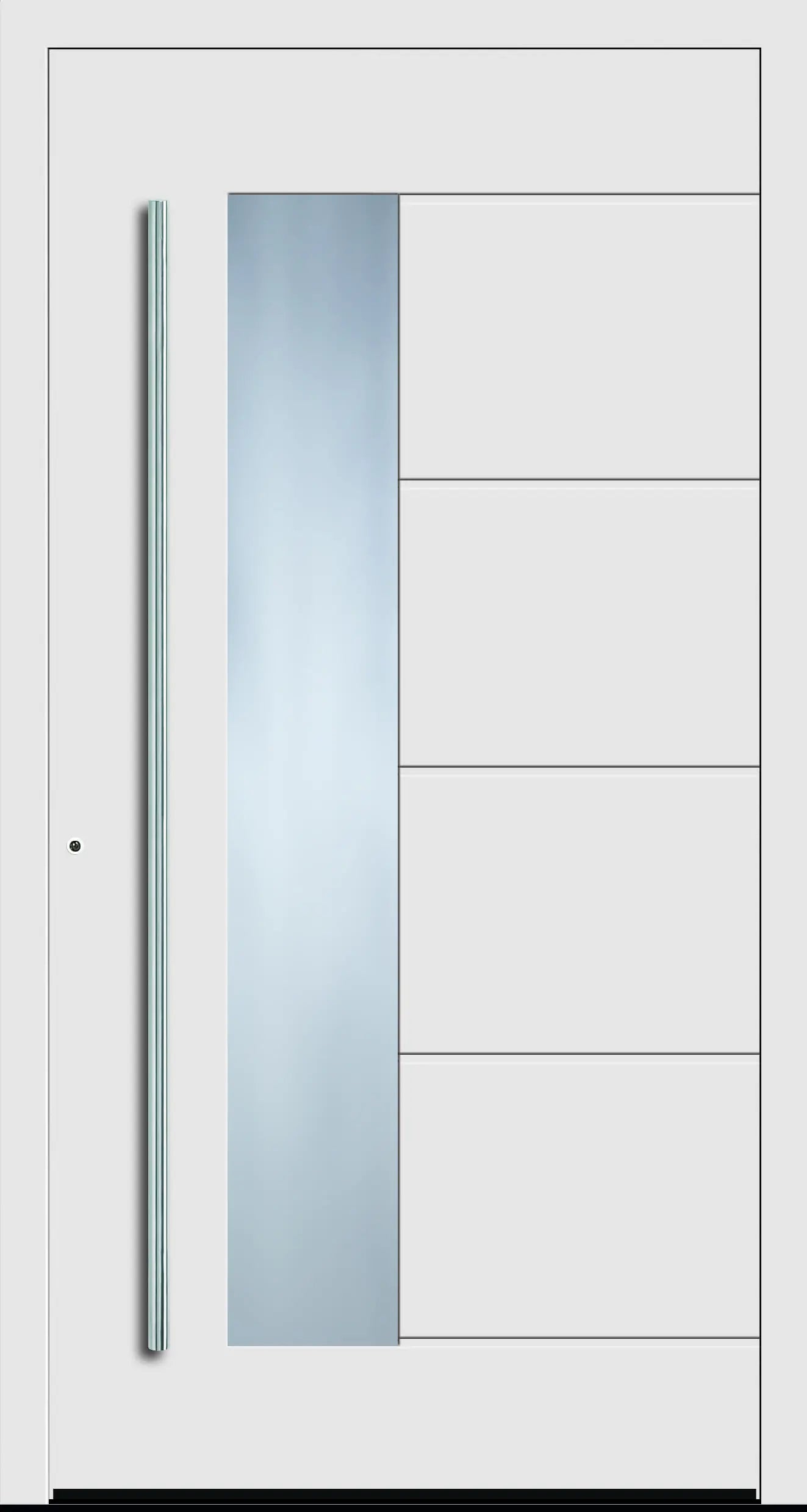 Aluminium Haustür mit seitlich versetzen Glas und fünf eingelassenen Nuten in Verkehrsweiß Dreh Links
